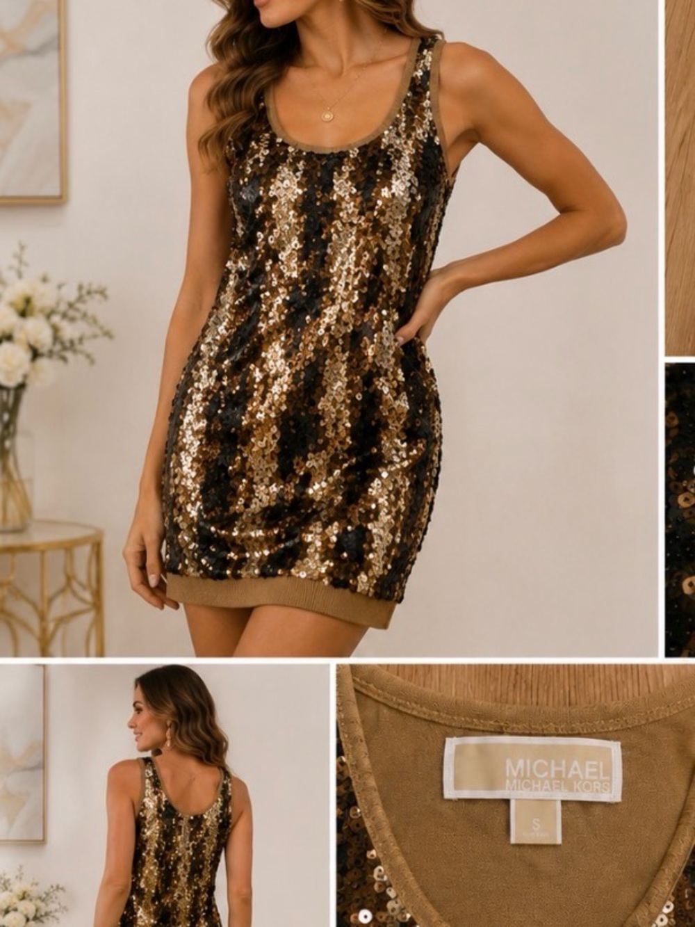 Michael Kors Sequin Embellished Tank Top – Gold & Black – Size S